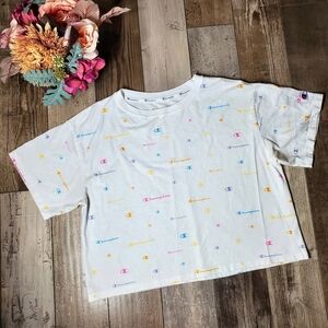 Champion Women's Cropped White Mult-Color Logo Print T-Shirt Size Small EUC